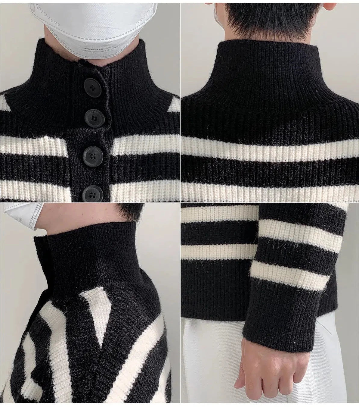 Maxct Button Stand Collar Striped Sweater