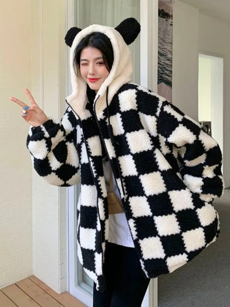 Checkered Cozy Bear Ears Zip-Up Hoodie for Women Maxct