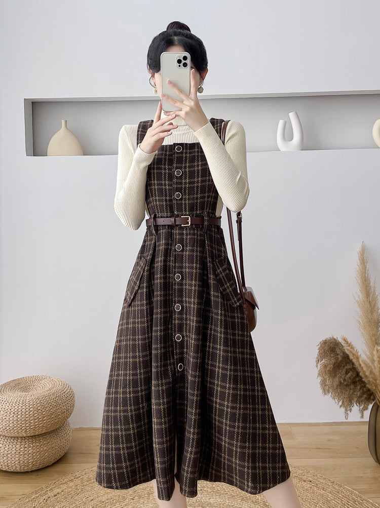 Button Up Plaid Pinafore Dress Maxct