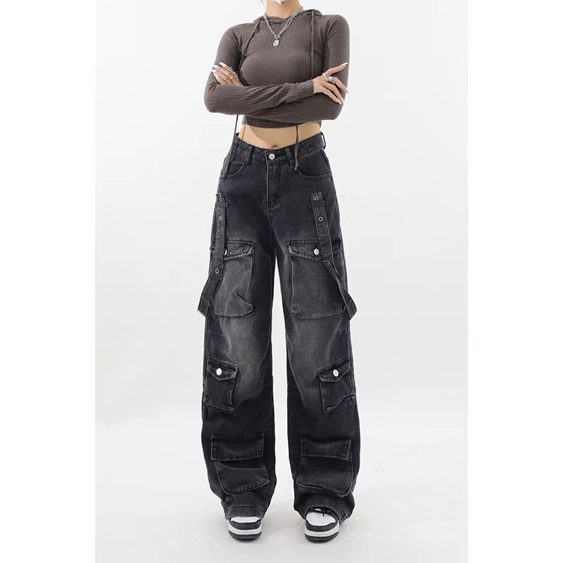Y2K Emo Korean Vintage Streetwear Black Cargo Baggy Jeans for Women - true deals club