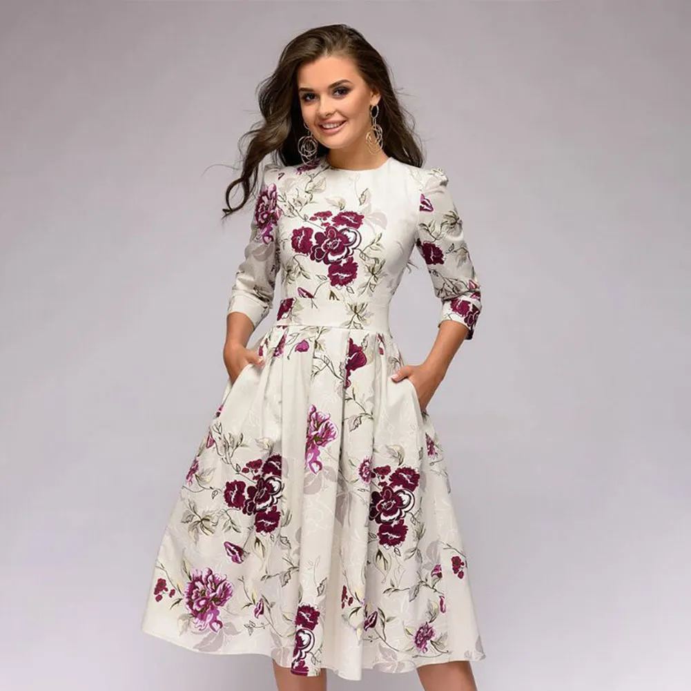pleated tunic print dress women Elegant ladies A line dresses Long sleeve female autumn mixi party dress vestidos