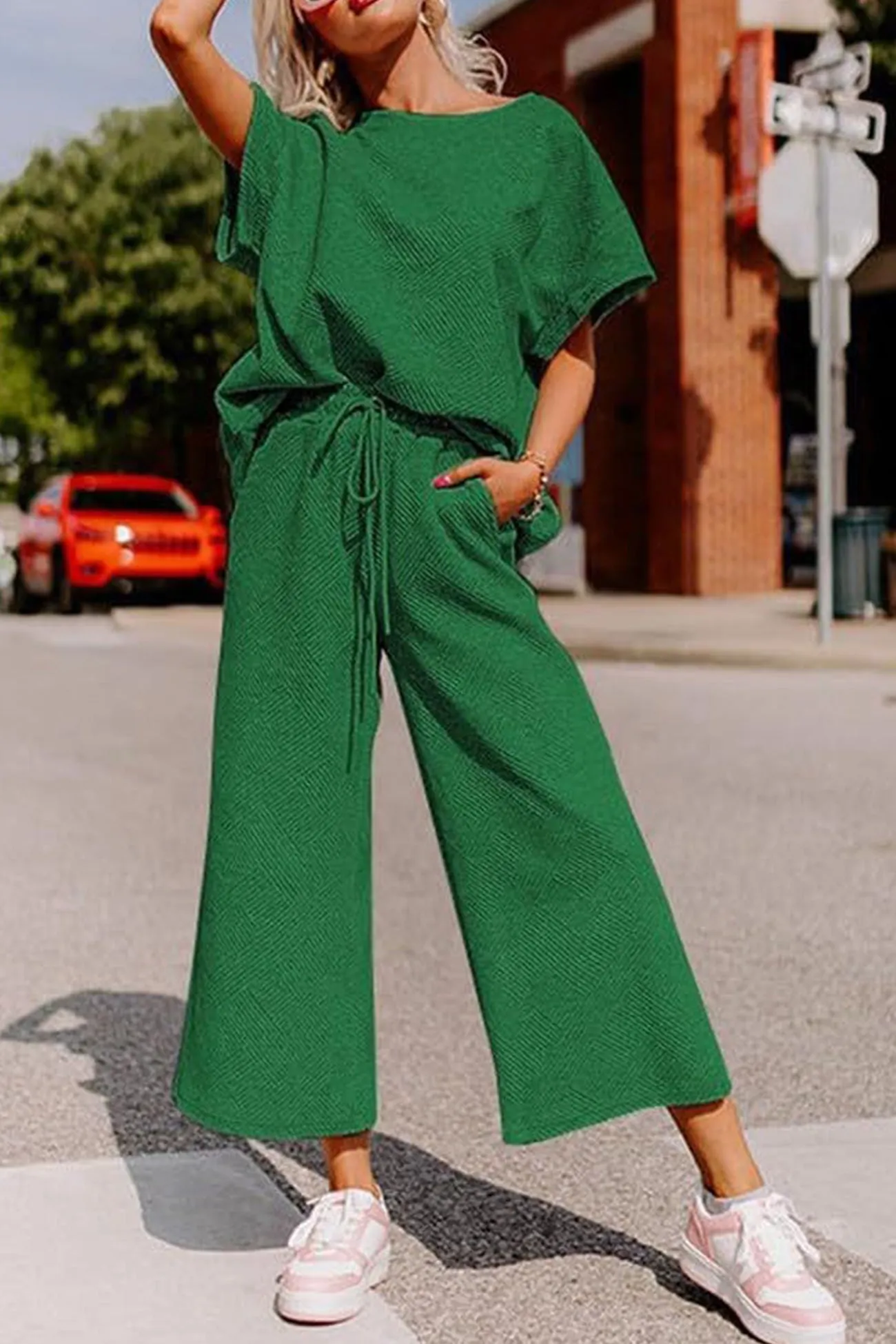 Maxct Solid Textured T-shirt Long Pants Set