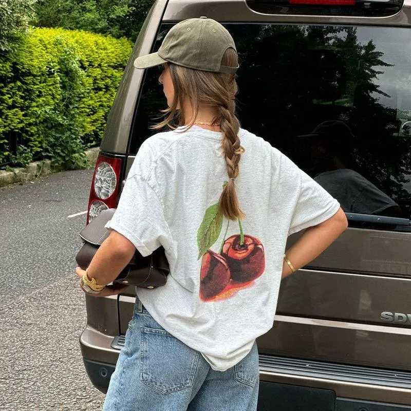 Maxct American Style Retro Fruit Cherry Print Pure Cotton Short-sleeved T-shirt Summer Women's National Fashion Oversize Hot Girl Top Fashion
