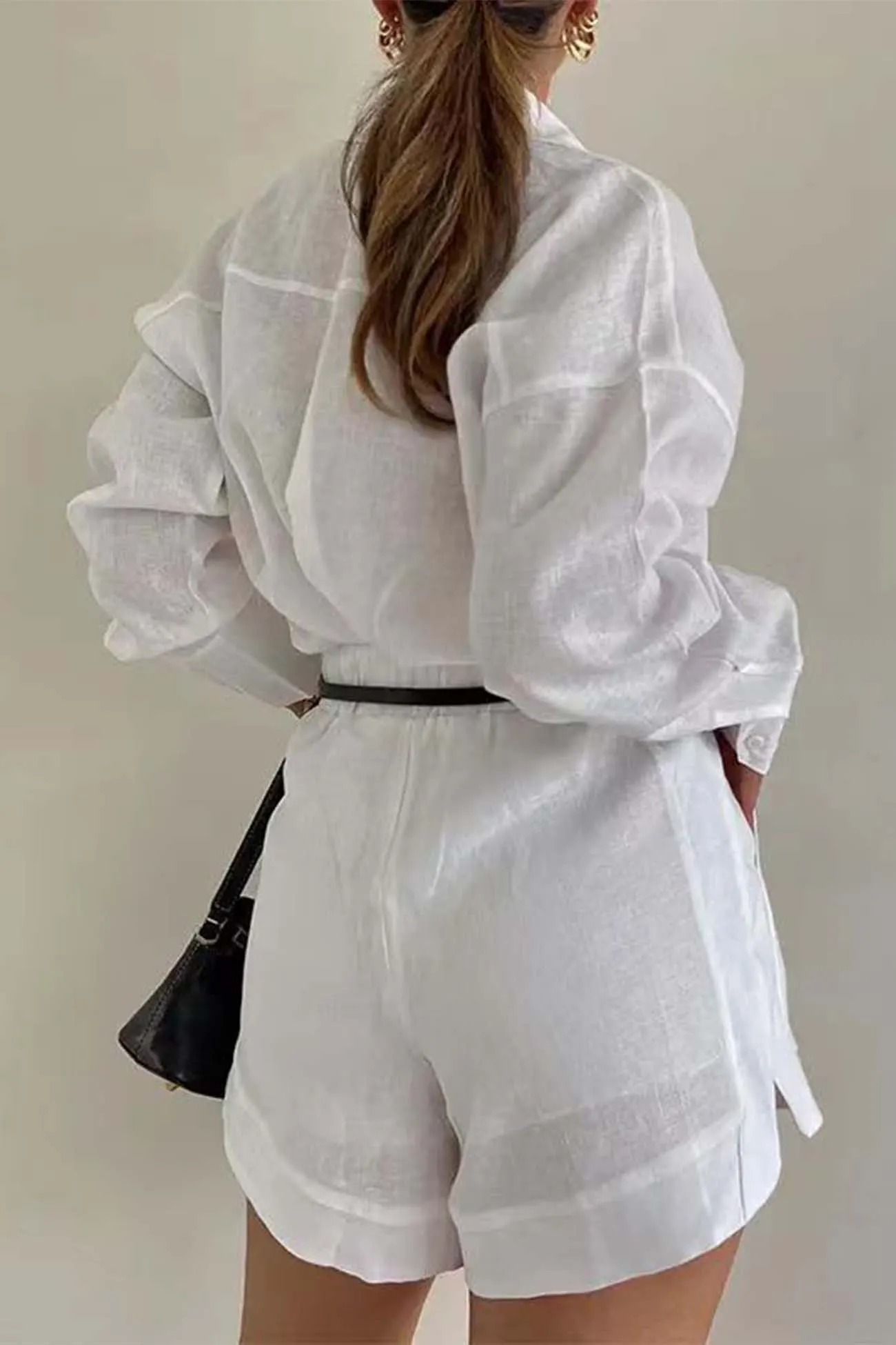 Maxct Solid Color Shorts Long Sleeve Shirt Suit