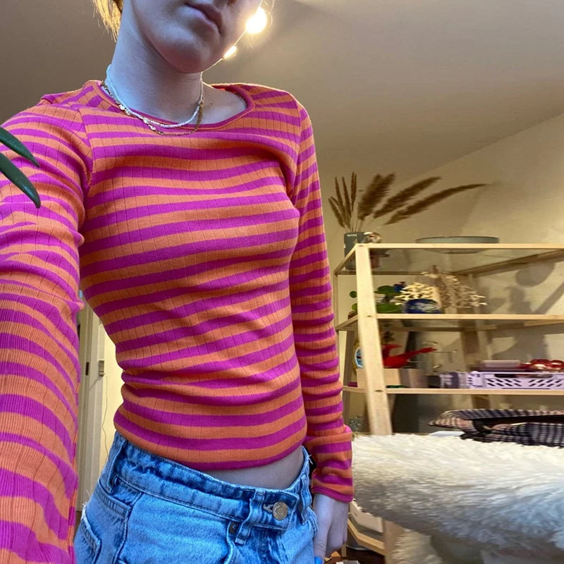 Maxct Vintage Preppy Style Y2K Crop Tops Clothes Cottage Striped Rib Knitted T-shirt Women Long Sleeve Casual Basic Tees Pullovers