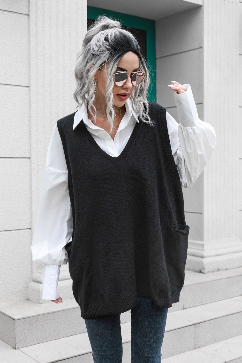 Maxct &V-Neck Sleeveless Sweater Vest with Pocket