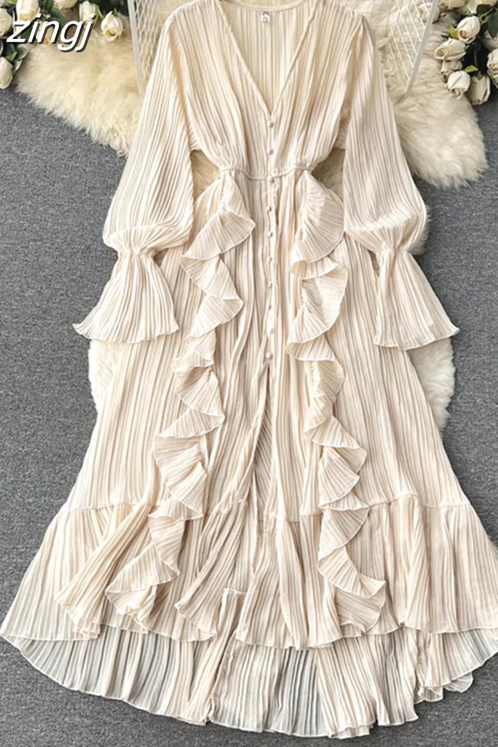 Maxct Maxct Chiffon Pleated Long Dress Women Vintage V-Neck Flare Sleeve Draped Ruffle Vestido Female Maxi Robe Spring Fall 1215-1