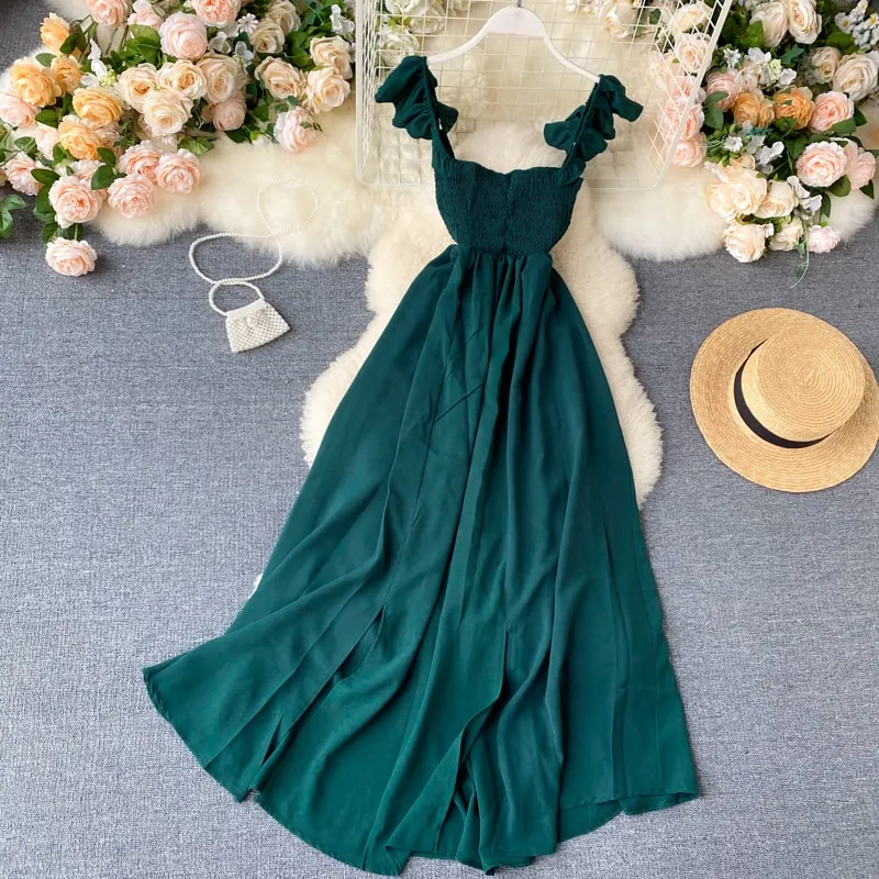High Waist Slash Neck Women Long Dress Elegant Big Swing A-line Vestidos Verano Vintage Green/Red Party Robe For Female