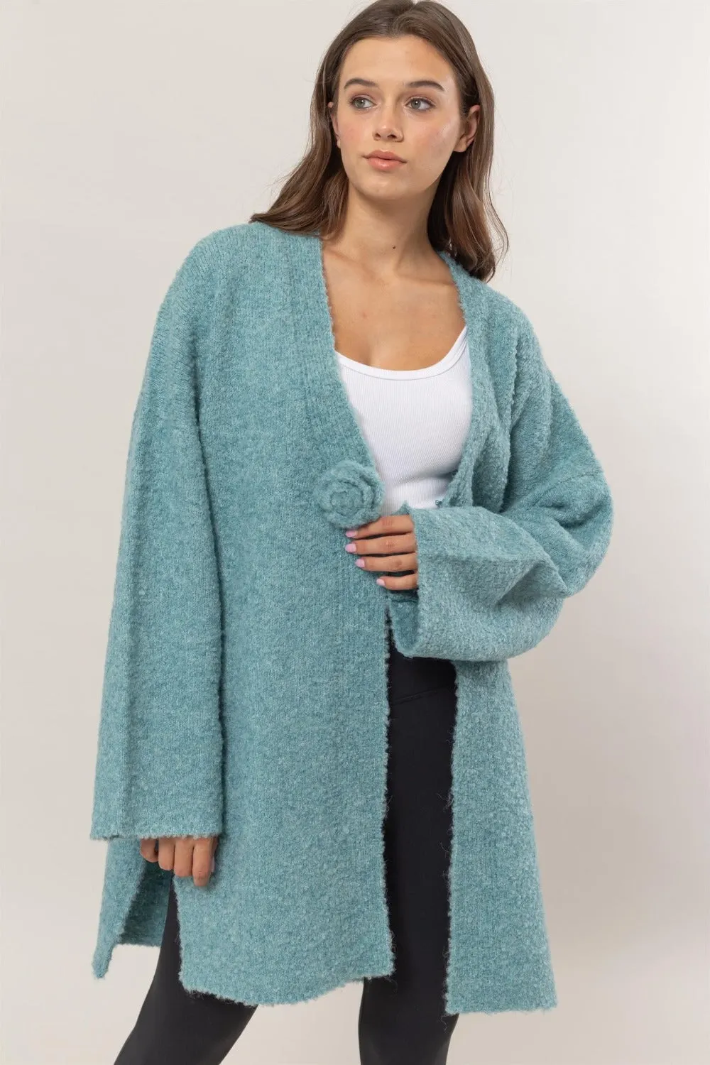Maxct &HYFVE Front Rosette Longline Slit Sweater Cardigan