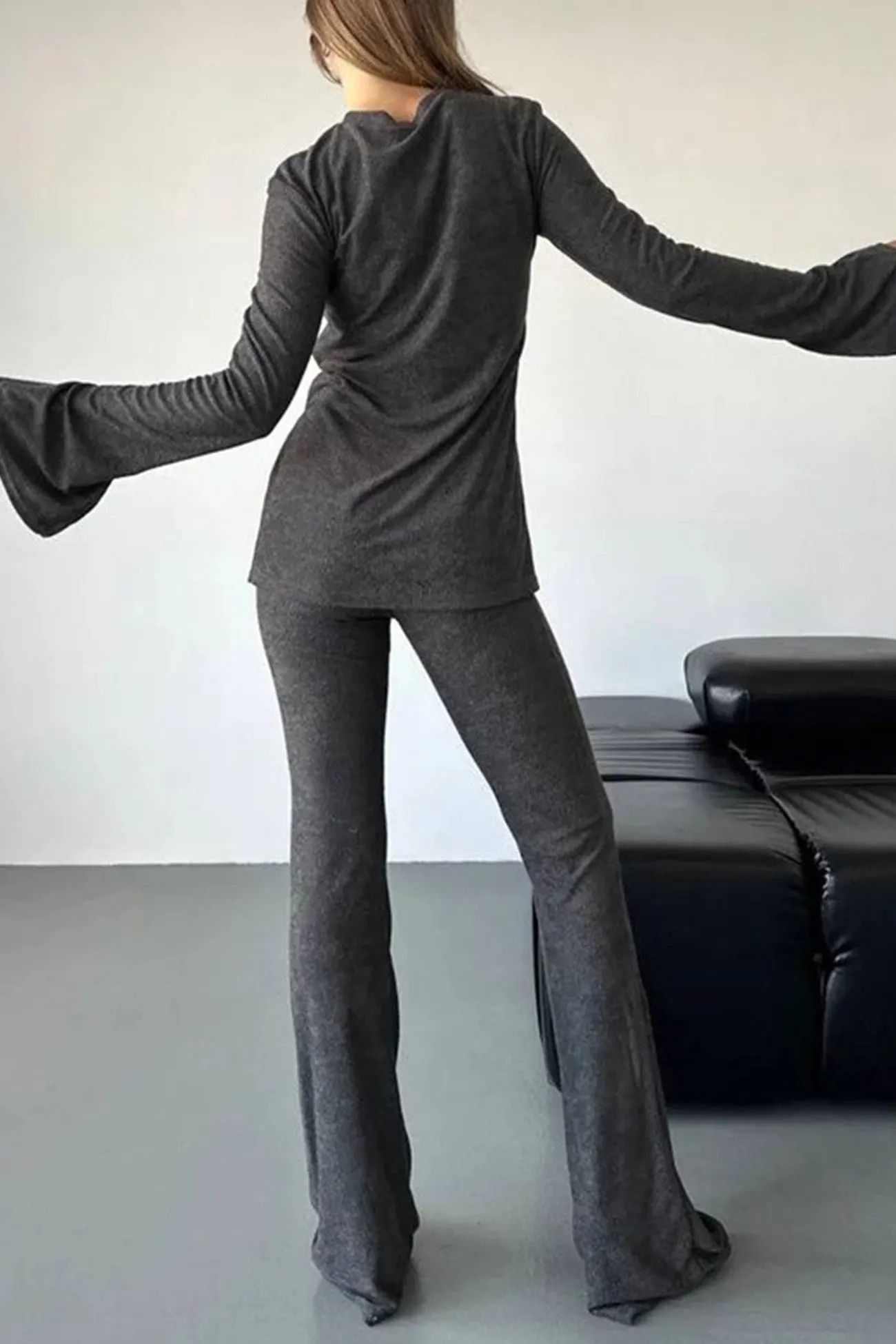 Maxct Solid Flare Sleeve Knit Tops Long Pants Set