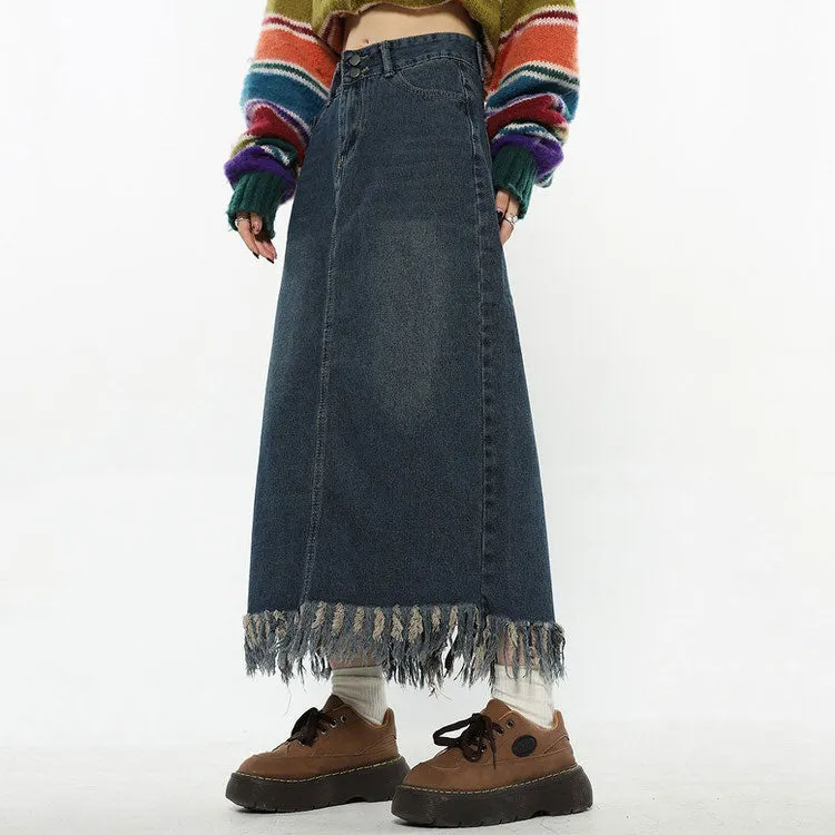 Aesthetic Long Denim Fringe Skirt Maxct