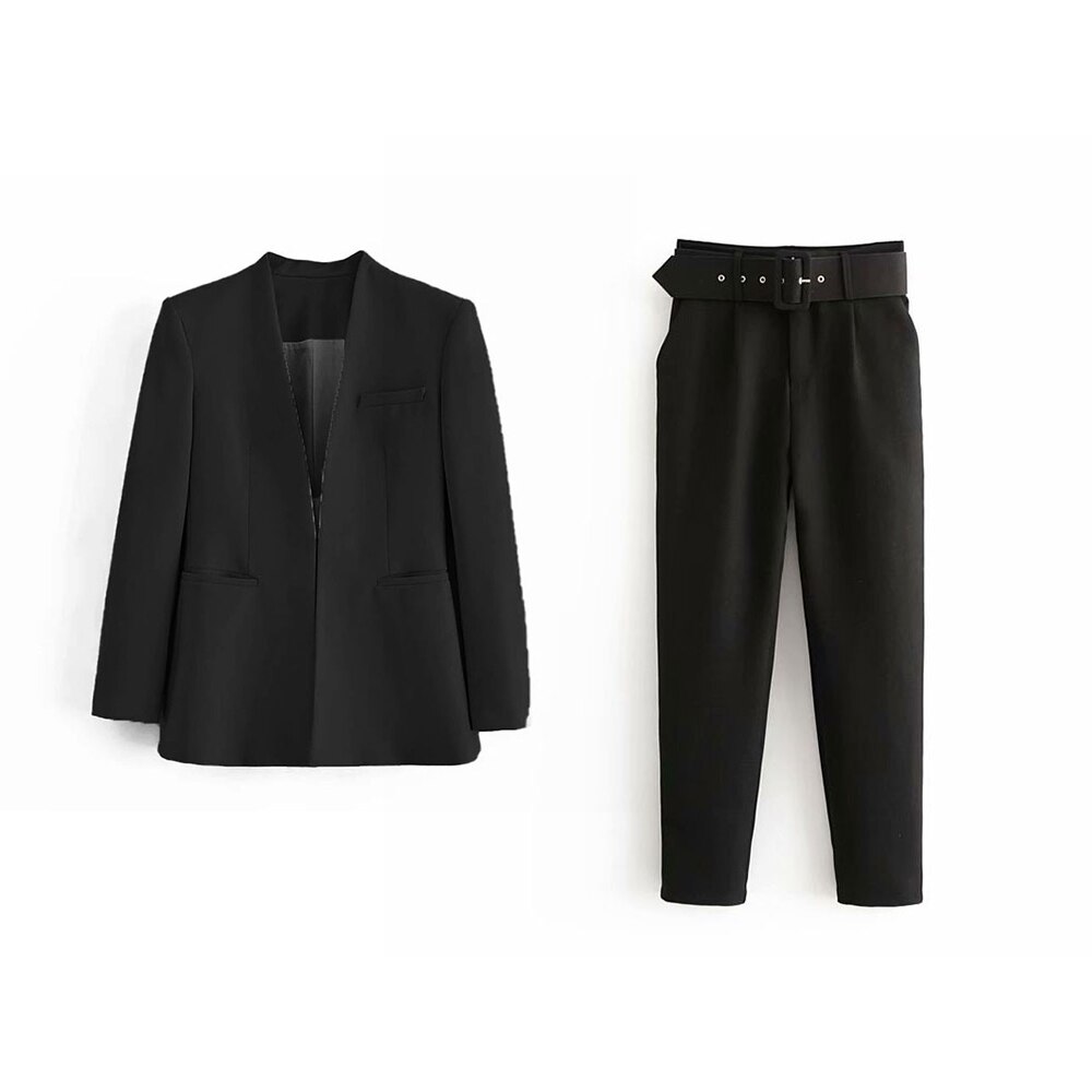 Maxct 2024 Women Fashion Two Pieces Sets Office Wear Blazers Coat And With Belt High Waist Pants Female