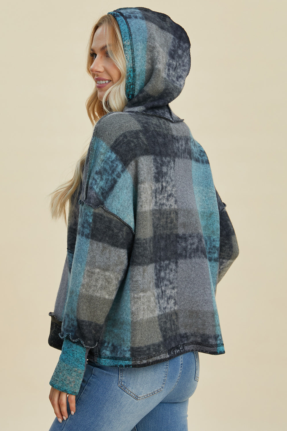 Maxct &Double Take Full Size Plaid Dropped Shoulder Fleece Hoodie