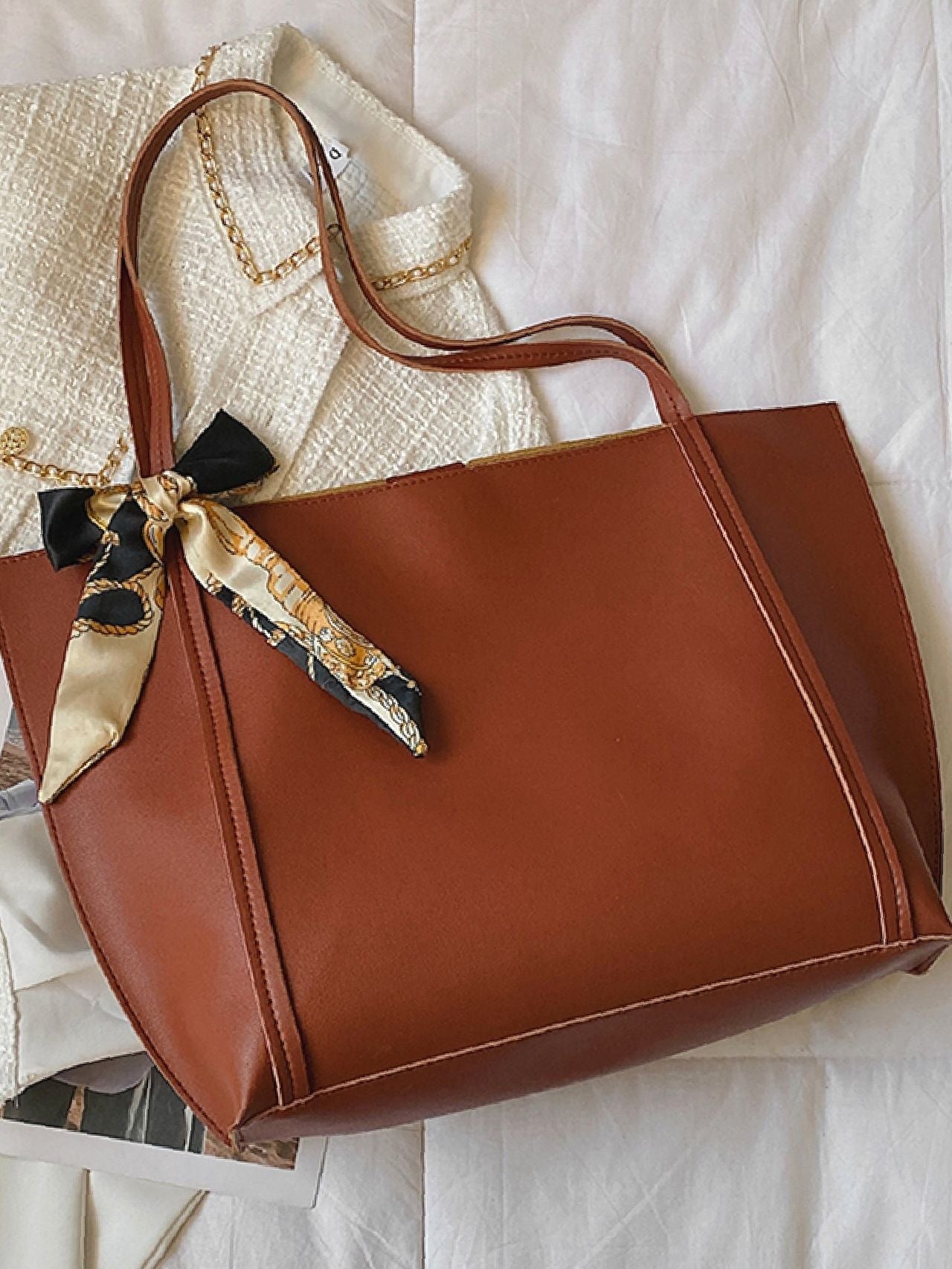 Maxct - Twilly Scarf Decor Shoulder Tote Bag  - Women Tote Bags