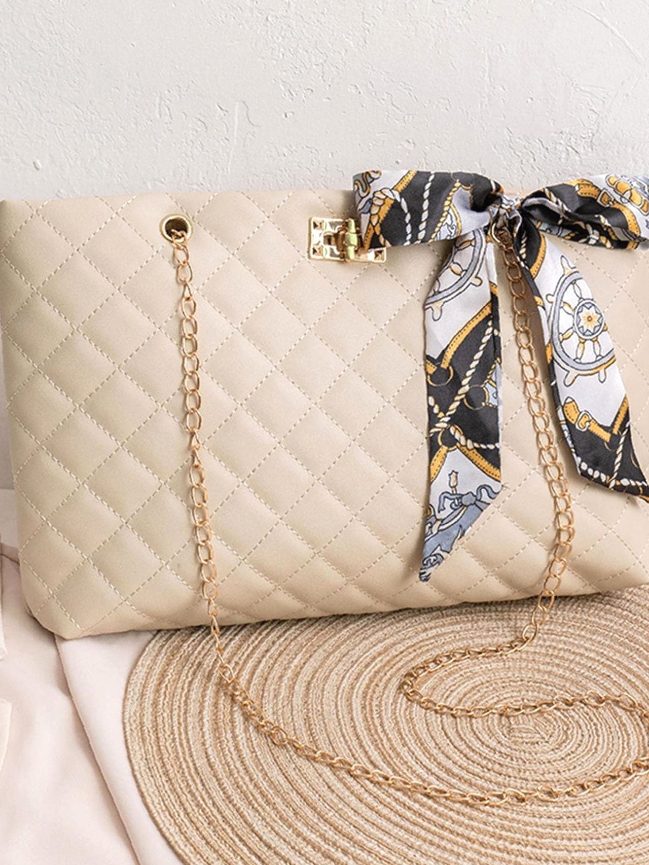 Maxct - Twilly Scarf Decor Quilted Shoulder Tote Bag  - Women Tote Bags