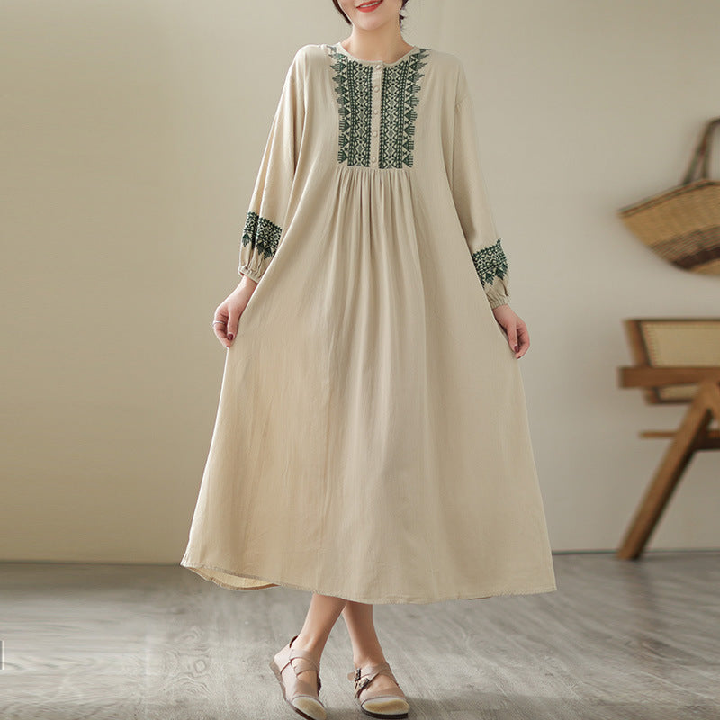 Loose Round Neck Embroidered Long Sleeves Midi Dresses