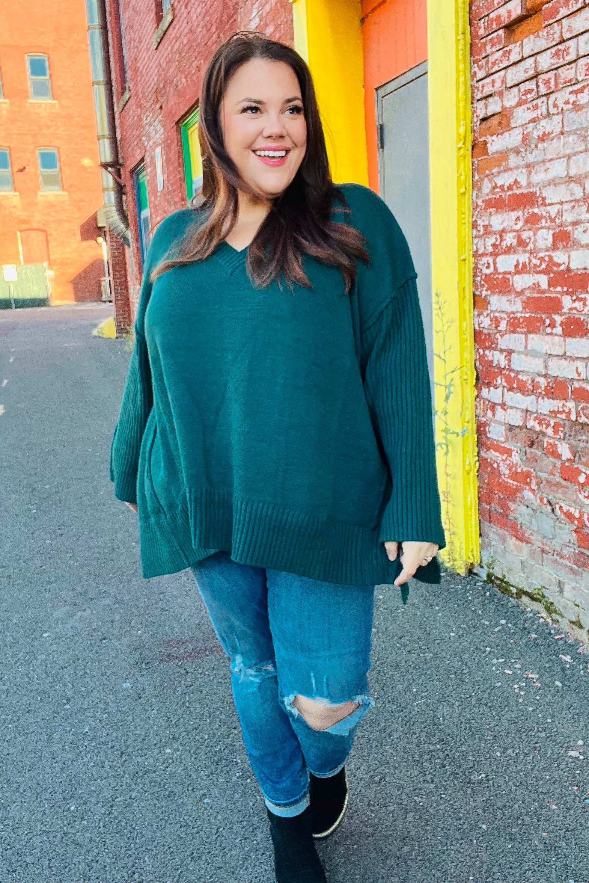 Maxct &Casual Chic Hunter Green Oversized V Neck Rib Knit Sweater