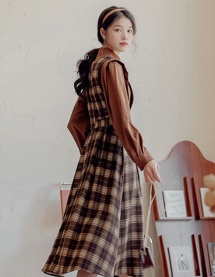 Crepe Plaid Pinafore Dress Set Maxct