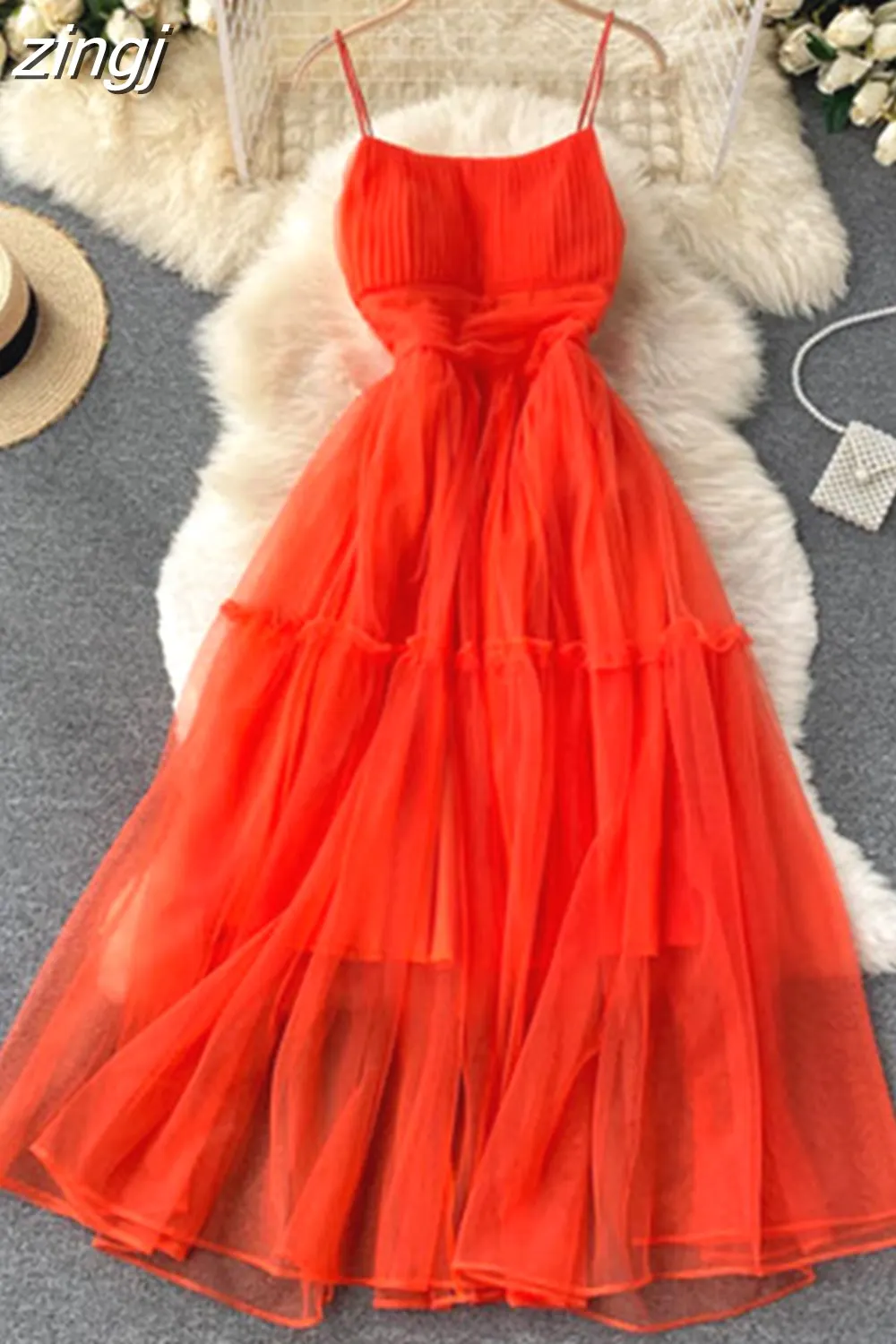 Maxct Women Sexy Mesh Spaghetti Strap Long Dress Summer Orange/Purple/Blue/Pink Ruffle A-Line Beach Robe Female Elegant Party Vestidos