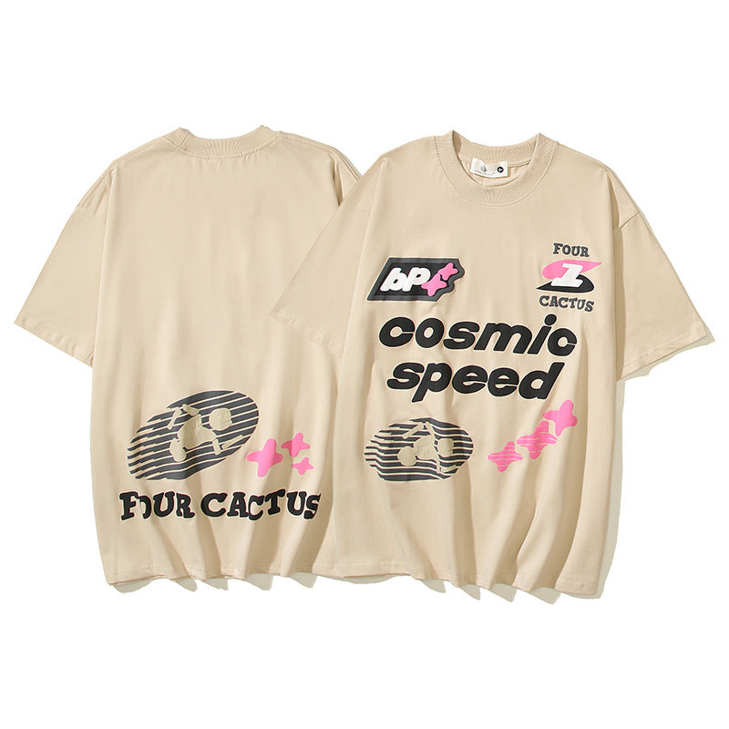 Maxct 90S Streetwear Bp American Retro Street Cartoon Letter Foam Printing Wash Men'S And Women'S Os High Street Short Sleeve T-Shirt Men'S And Women'S Same Style