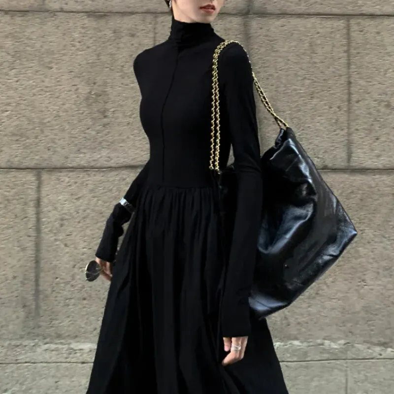 Maxct New Autumn French Midi Dresses Women Elegant Chic Turtleneck Fashion Casual A-Line Black Long Sleeve Cotton Female Clothing