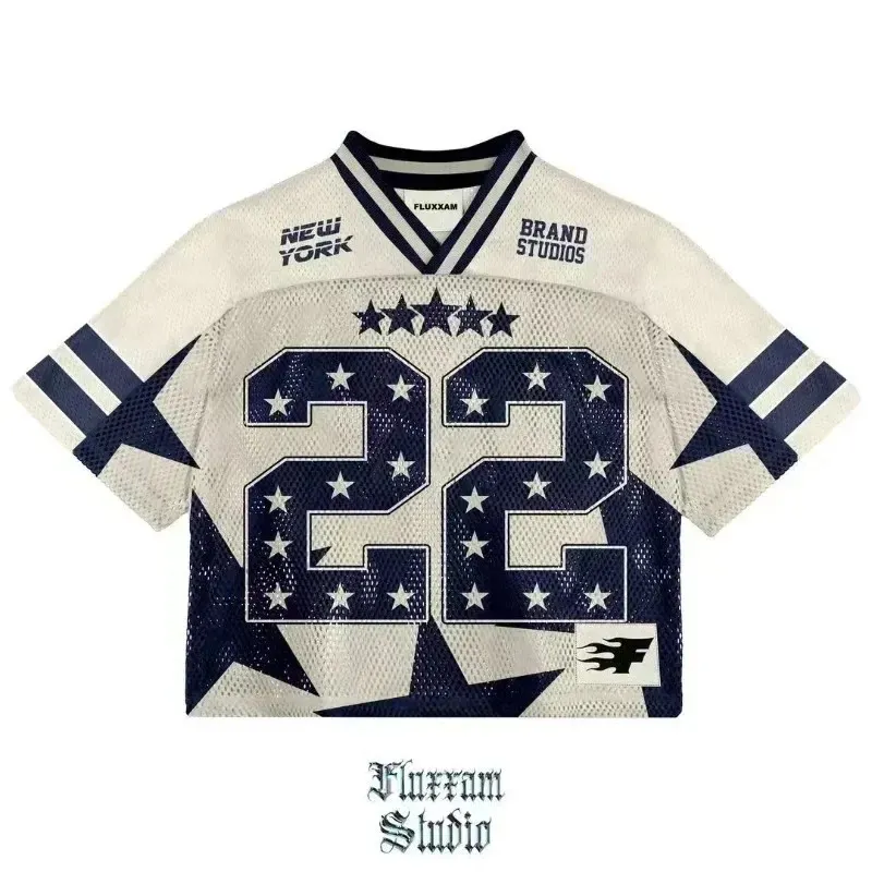 Maxct 2024 New Men's Loose V-neck Sports T-shirt Y2K Hip Hop Street Print Short Sleeve Men