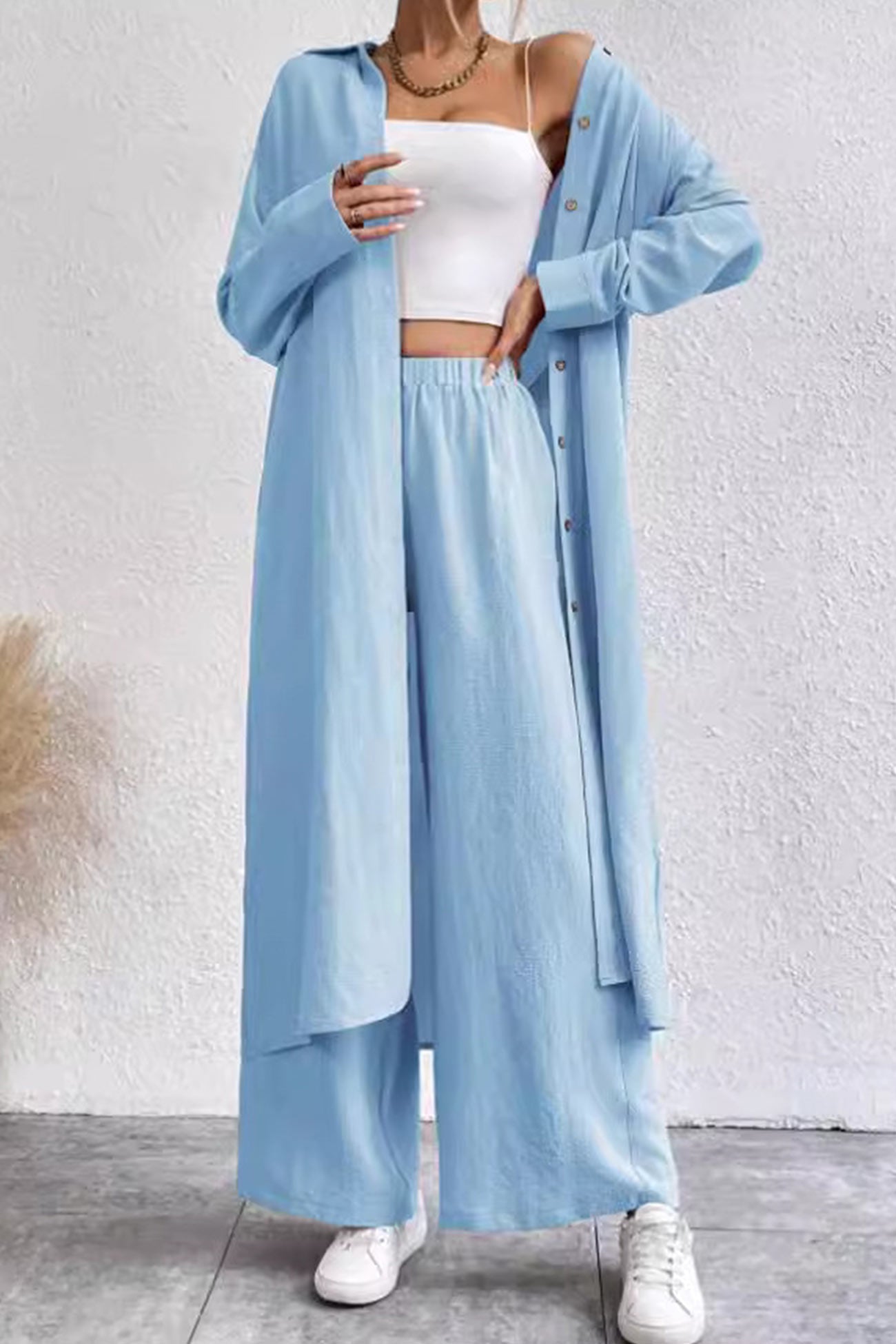 Maxct Solid Long Shirt Wide Leg Pants Set