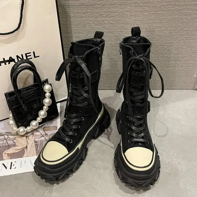 Mid Calf Length Boots - Leather Motorcycle Style for Women Maxct