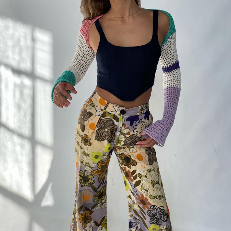 Sexy Crop Top Y2K Patchwork Crocheted Shawl Long Sleeves Mini Cover-ups Knitted Hollow Out T-shirt Women Fashion Streetwear