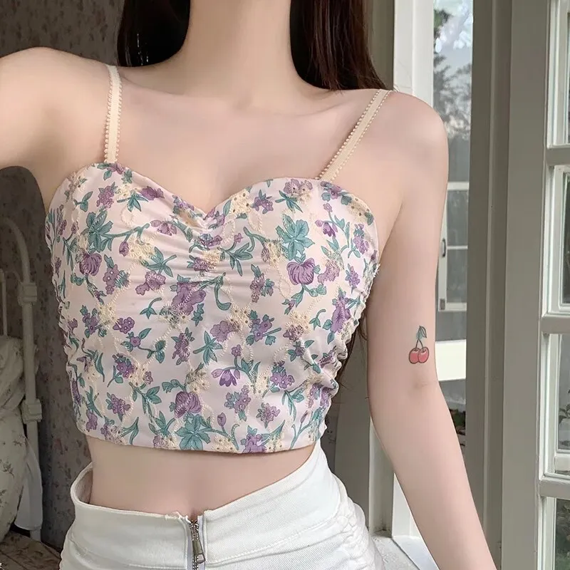 Maxct Tank Tops Navel Padded Women's Camisole Korean Version Floral Print Slim