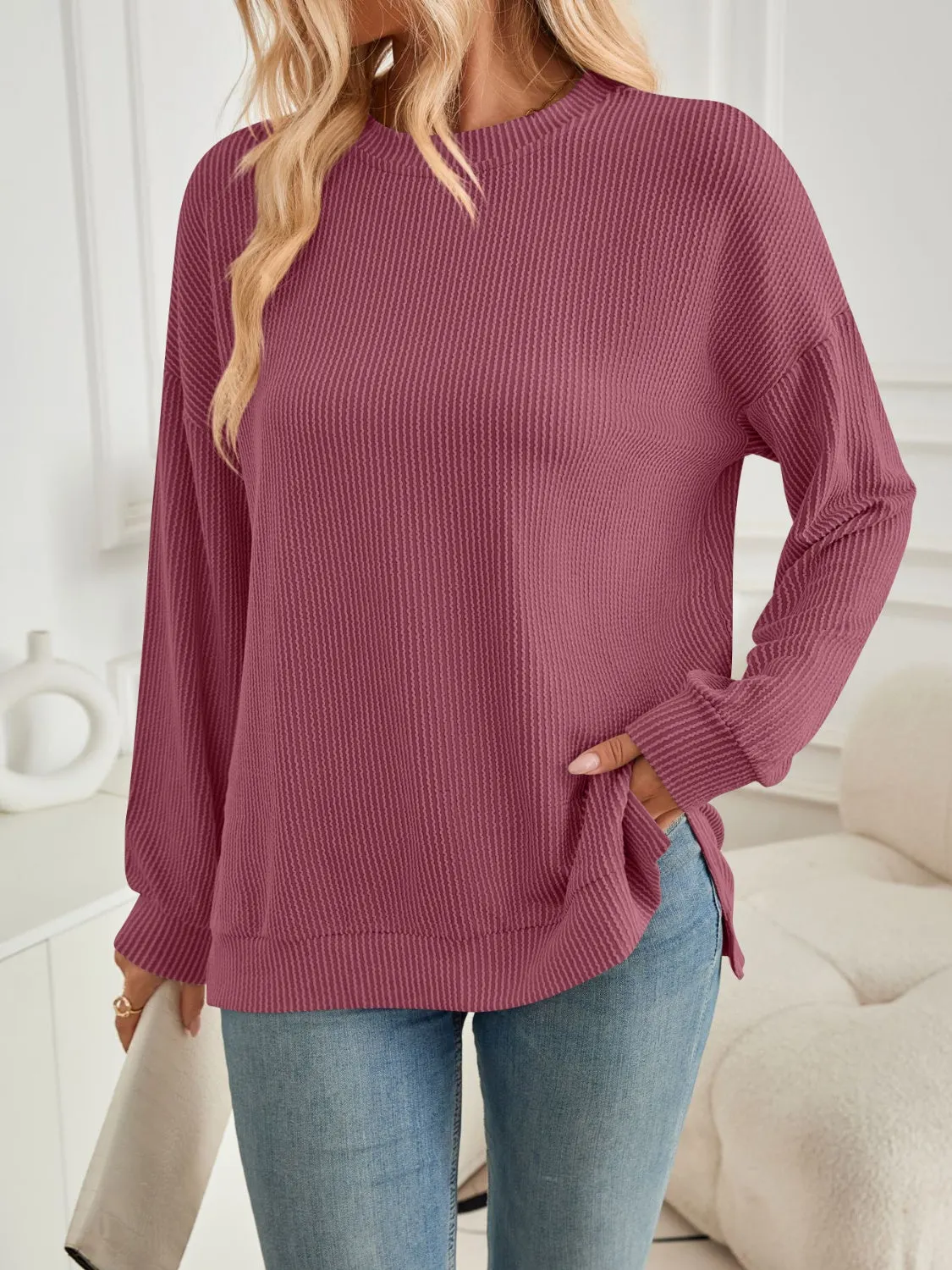 Maxct &Slit Round Neck Long Sleeve Sweatshirt