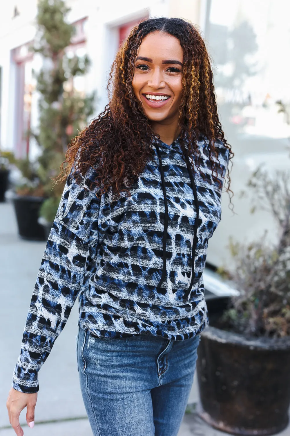 Maxct &Casual Chic Blue & Black Animal Print Stripe Hoodie