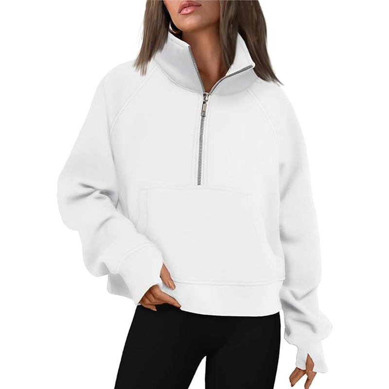 Maxct Casual Half Zipper Plush Hoodies Women Loose Solid Lapel Pockets Sweat Shirt Female Autumn Chic Warm Sports Yoga Outwear