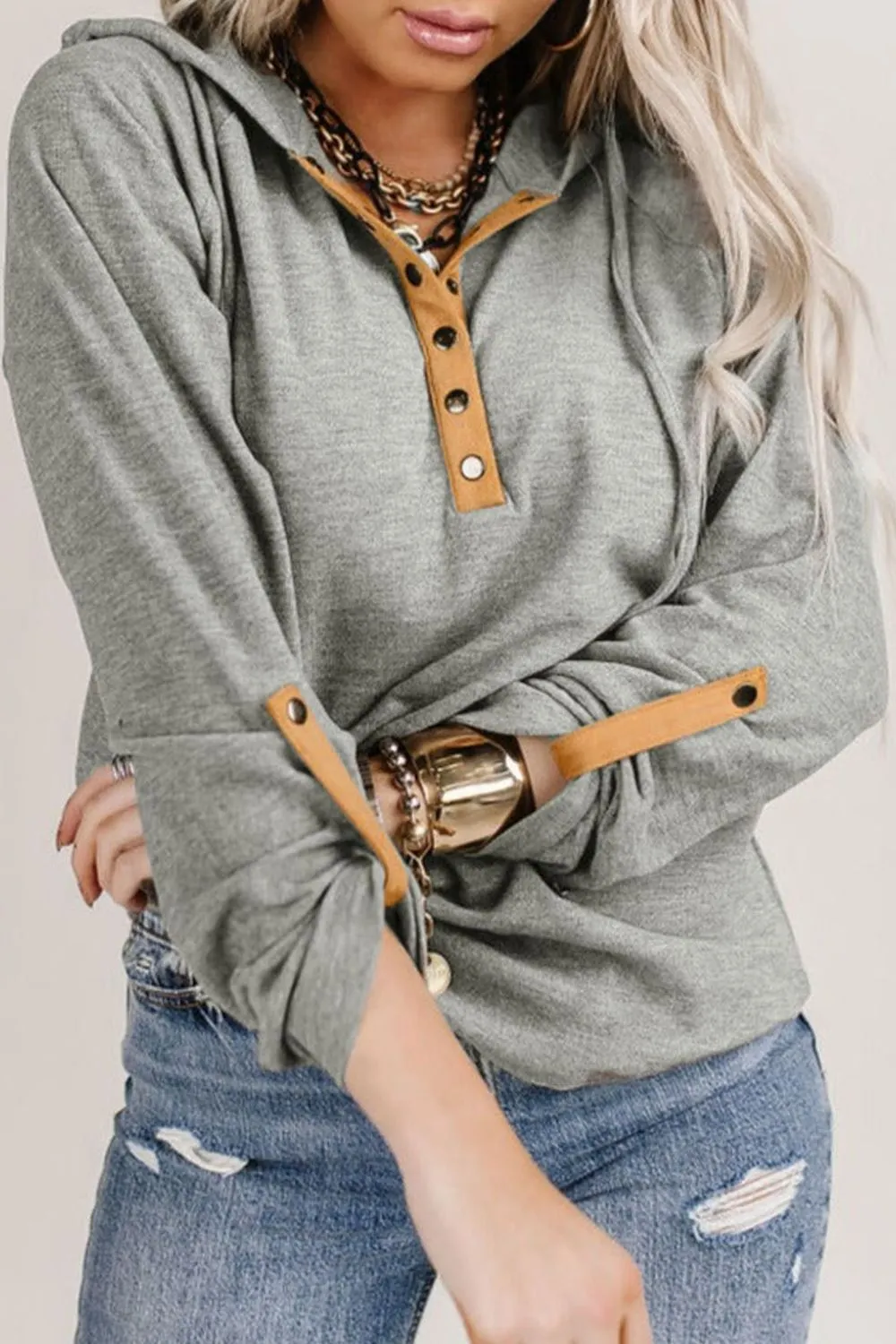 Maxct &Drawstring Quarter Snap Long Sleeve Hoodie