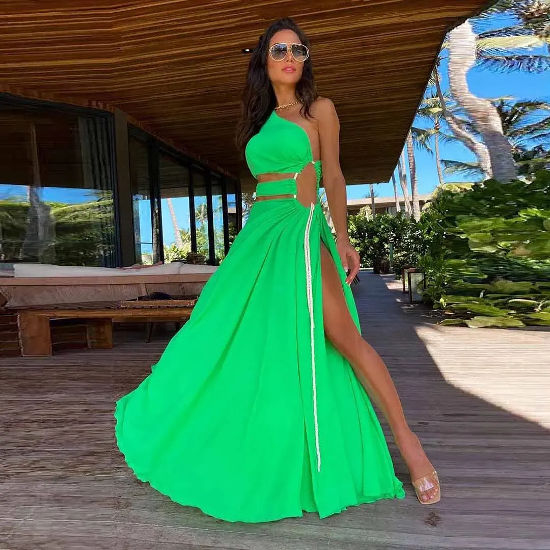 Maxct Fashion One Shoulder Green Long Dress Women Hollow Out Bodycon Summer Beach Dresses Side Split Wedding Party Vestidos Mujer