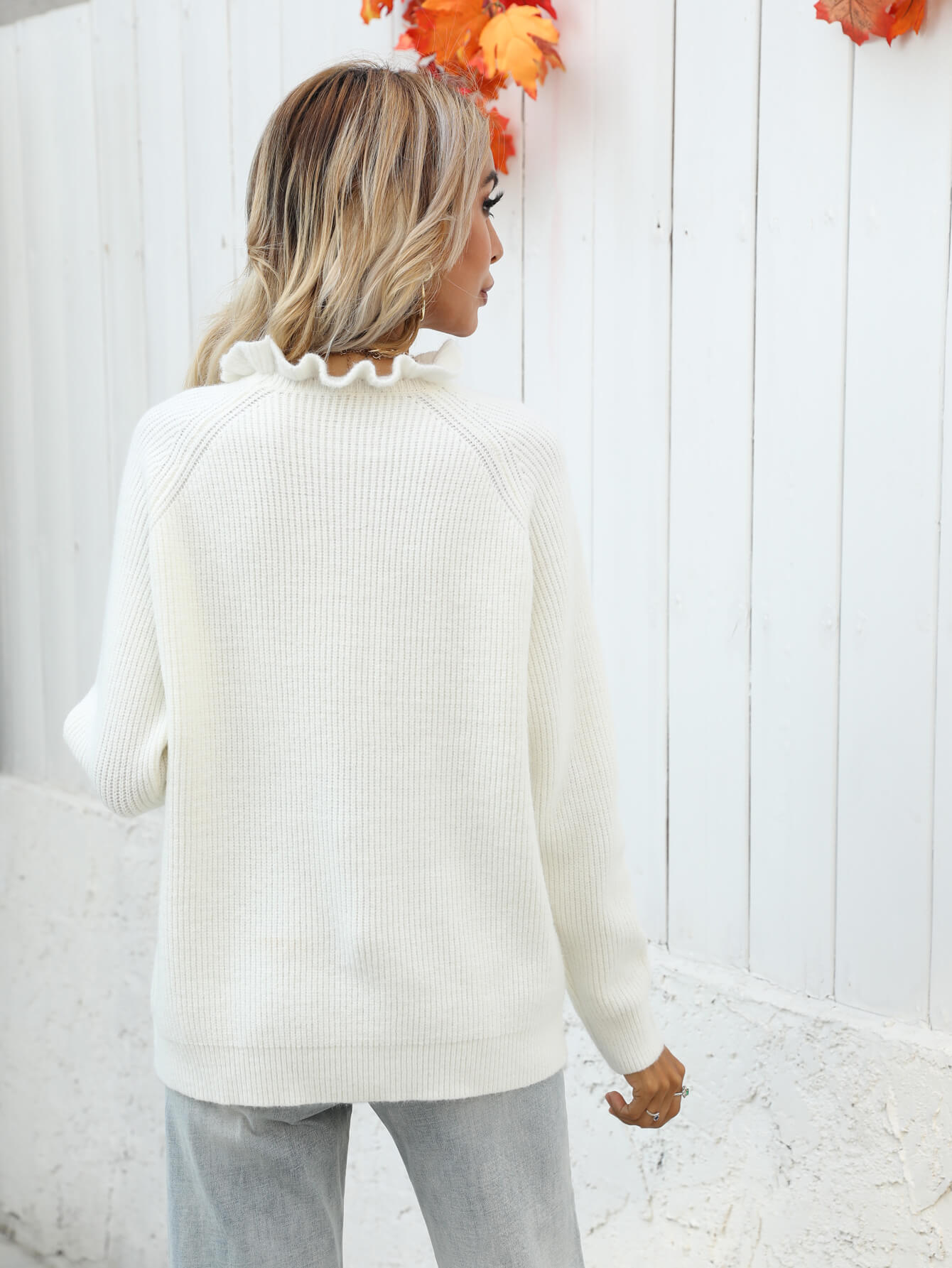 Maxct &Button Detail Frill Neck Rib-Knit Sweater