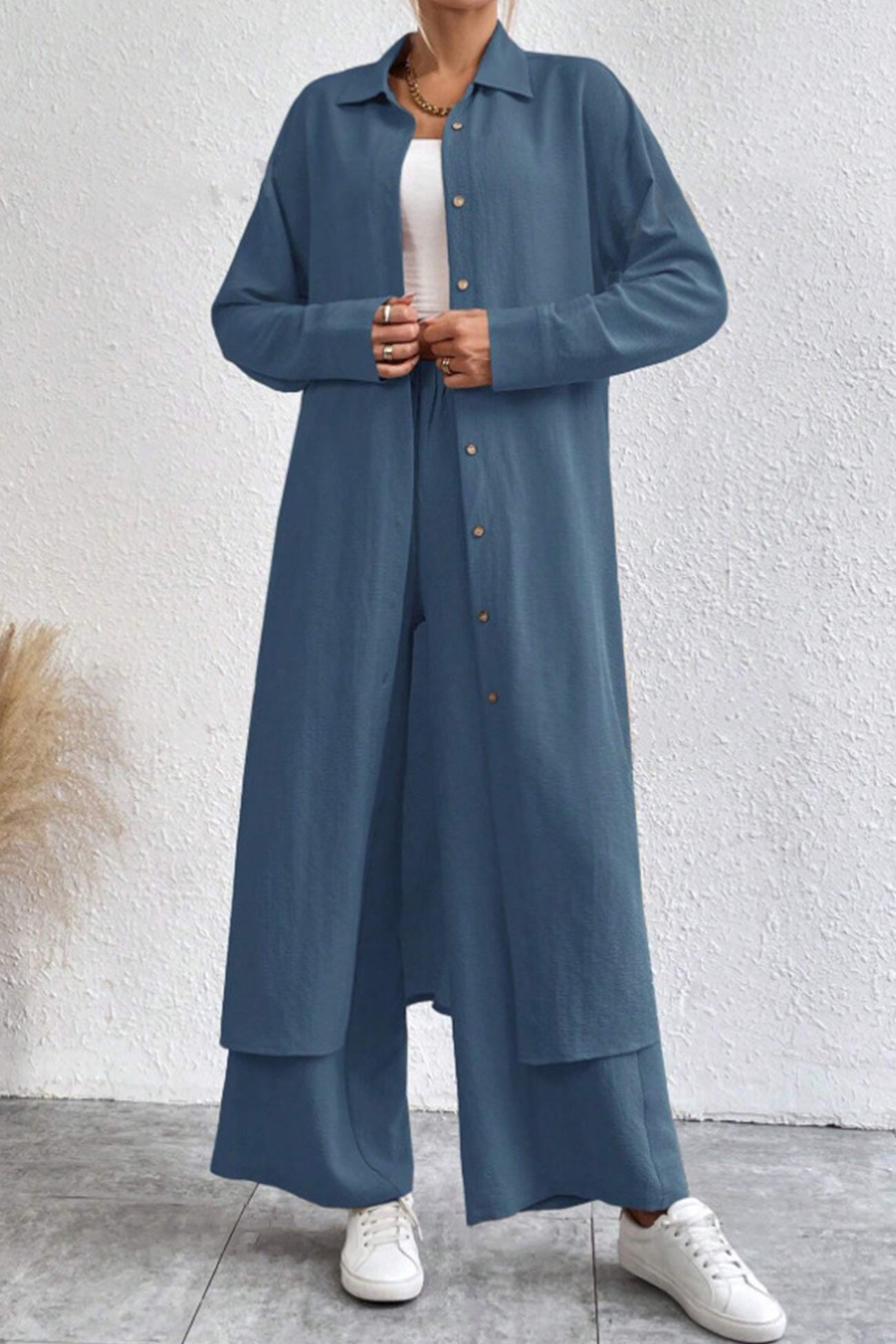 Maxct Solid Long Shirt Wide Leg Pants Set