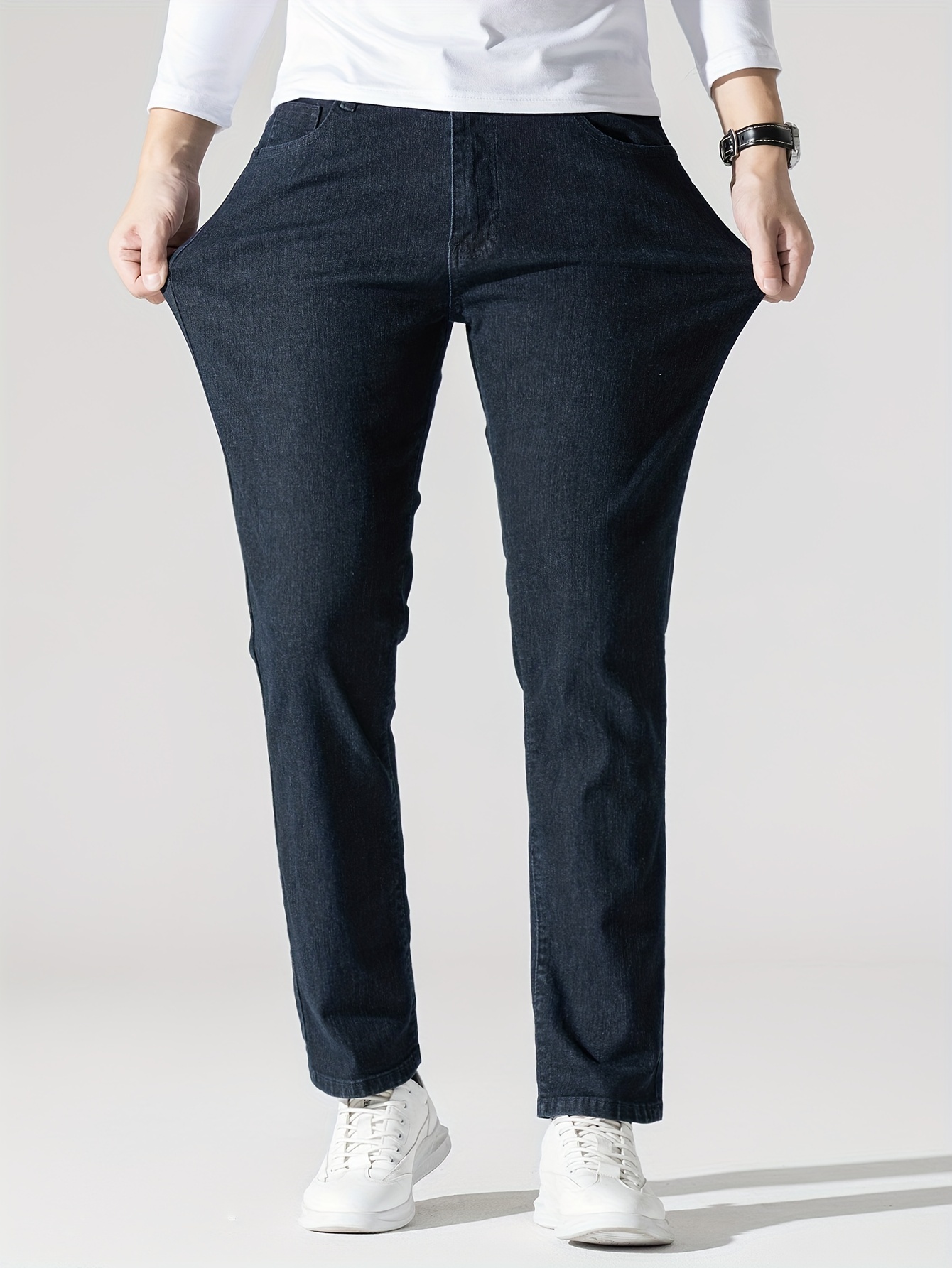 Men's High Stretch Jeans For Business, Slim Fit Denim Pants With Pockets For Spring Fall