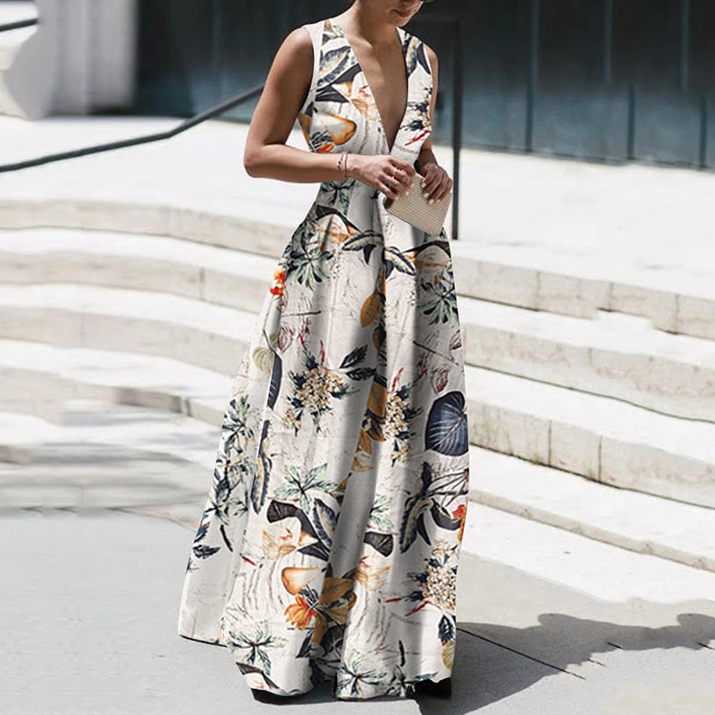 Maxct Summer Autumn Long Dress Fashion Retro Floral Print Sleeveless Holiday Dress Sexy Women Deep V Neck Elegant Party Dress