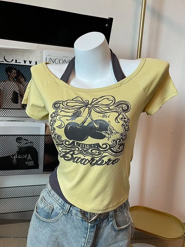 Retro Millennial Fake Two Letter Printed T-Shirt Women Y2K Streetwear Hot Girls Slim Korean Fashion Street Trend Casual Tops