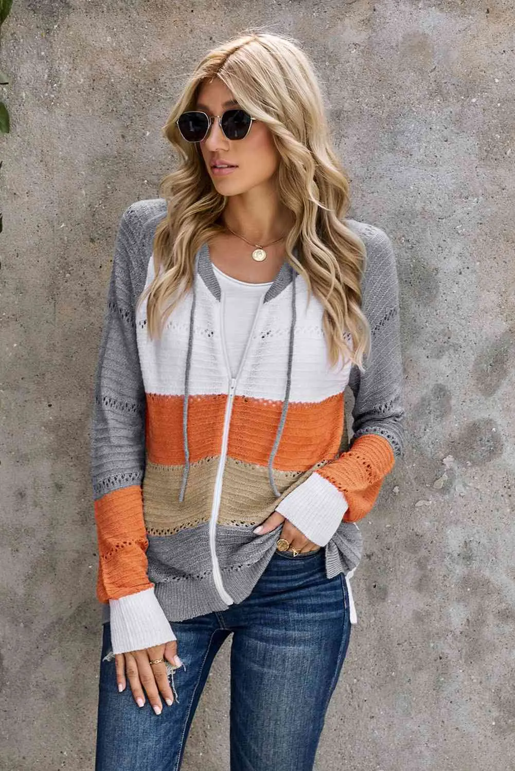 Maxct &Zip-Up Raglan Sleeve Openwork Hooded Cardigan - Image 2