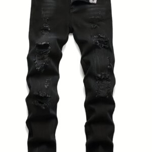Maxct Regular Fit Ripped Jeans, Men's Casual Street Style Distressed Denim Pants For All Seasons