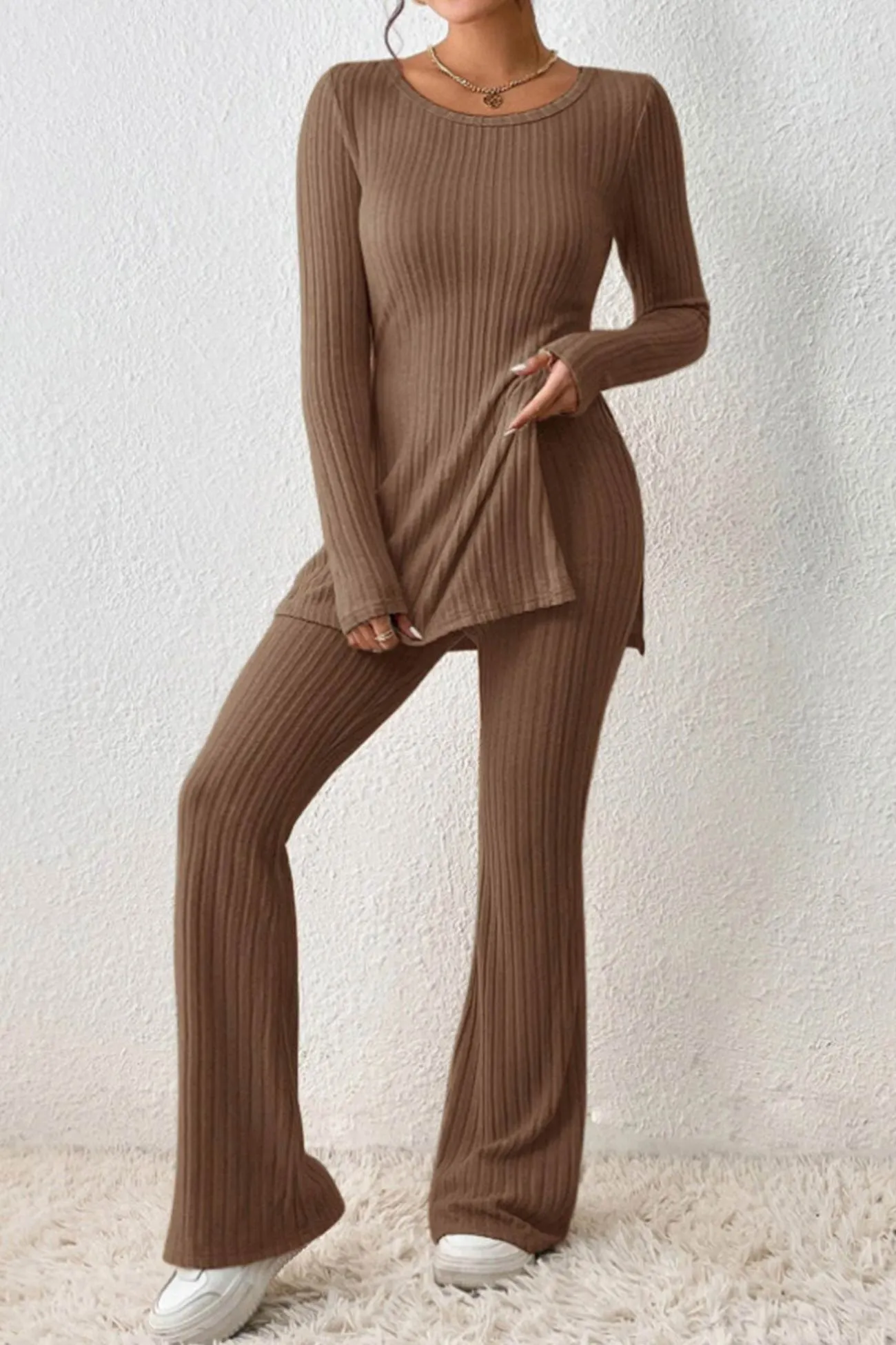 Maxct Ribbed Knit Slit Hem Tops Flares Long Pants Set