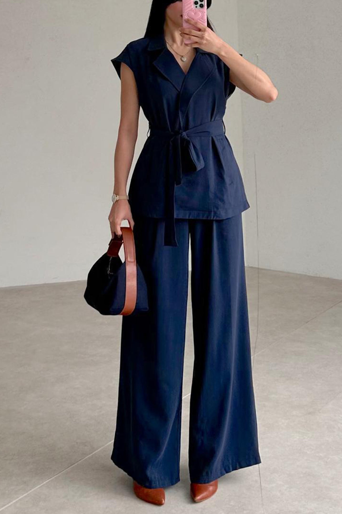 Maxct Cap Sleeve Tie-waist Suit Pants Set