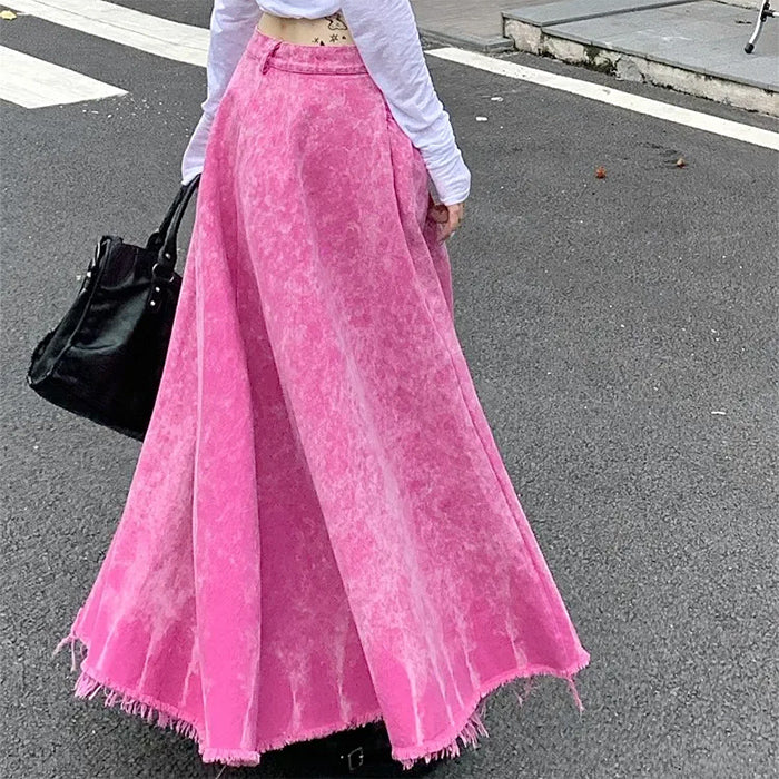 Pink Distressed Denim Maxi Skirt Maxct