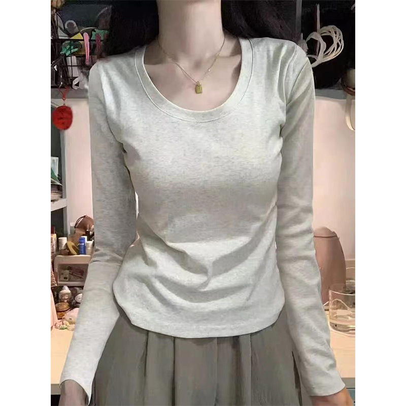 Shoulder T-Shirt Women's Spring and Autumn Outer Wearing Tight Waist Slim-Fit Pure Cotton Winter Inner Base Shirt New Long Sleeve Top