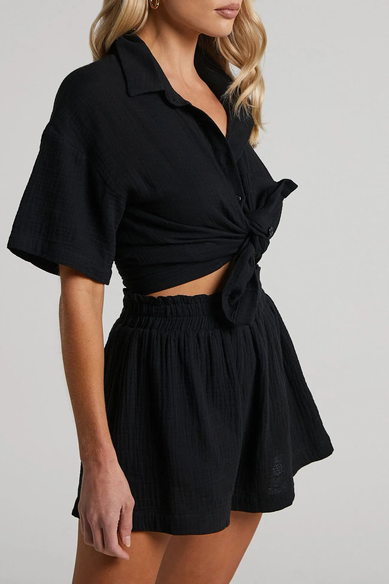 Maxct Solid Color Short Sleeve Shirt Cotton Two-piece Shorts Set