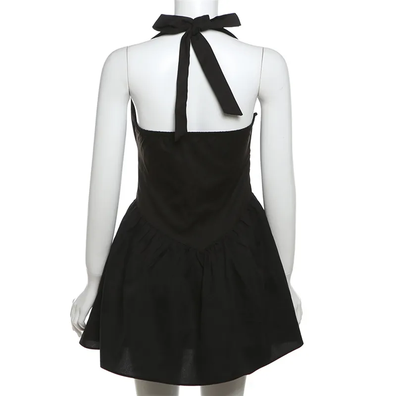 Frill Mini Halter Dress For Women Splice Sexy Backless A-Line Hem Lace Up High Waisted Female Beach Black Bodycon Dress