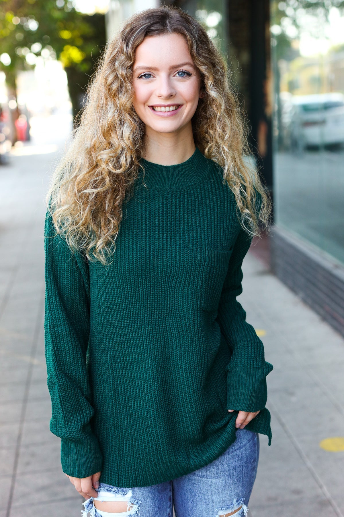 Maxct &Classy Chic Hunter Green Mock Neck Chest Pocket Knit Sweater