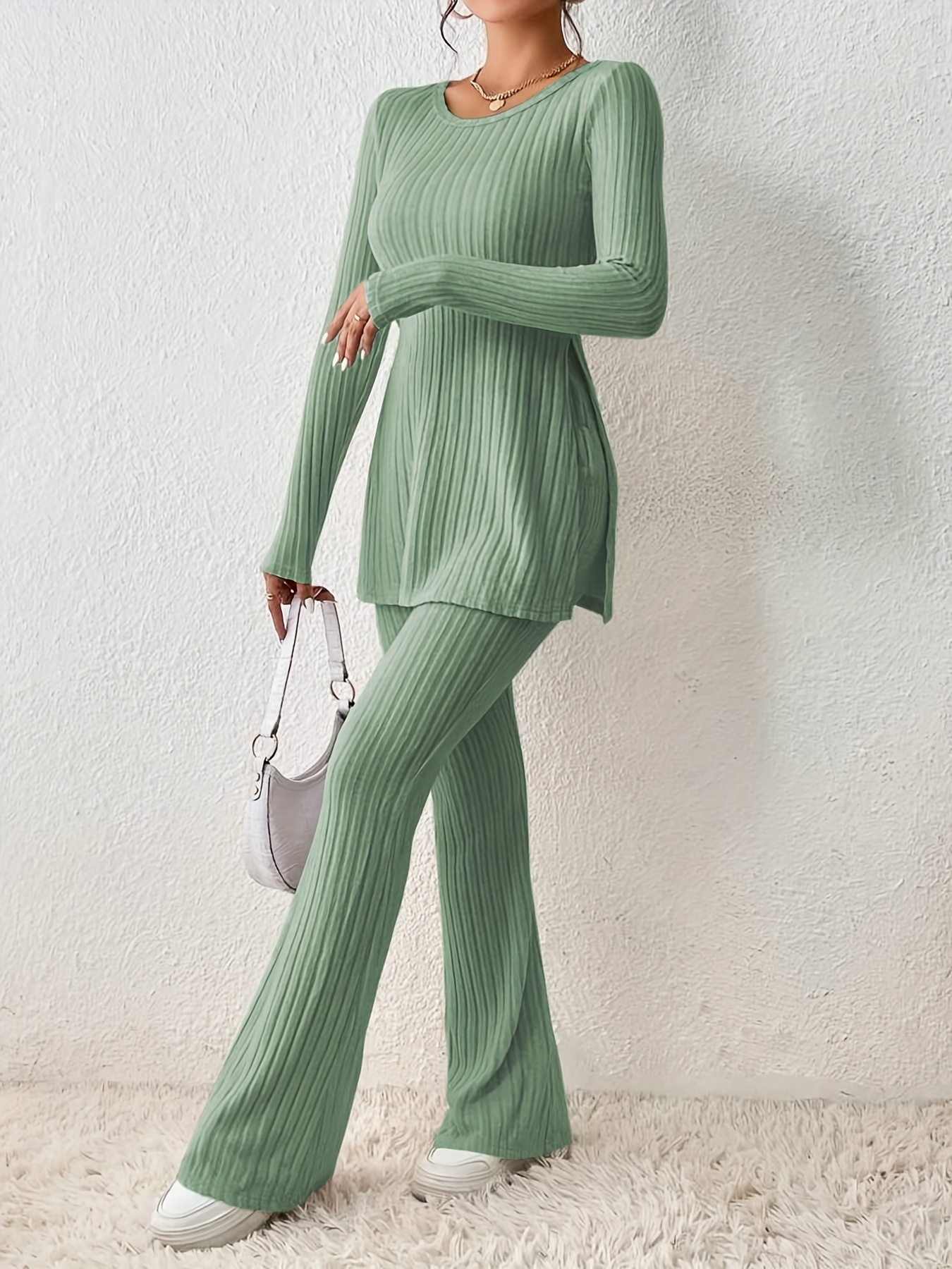 Solid Textured Two-piece Set, Long Sleeve Slit Long Length Top & Skinny Pants Outfits, Women's Clothing
